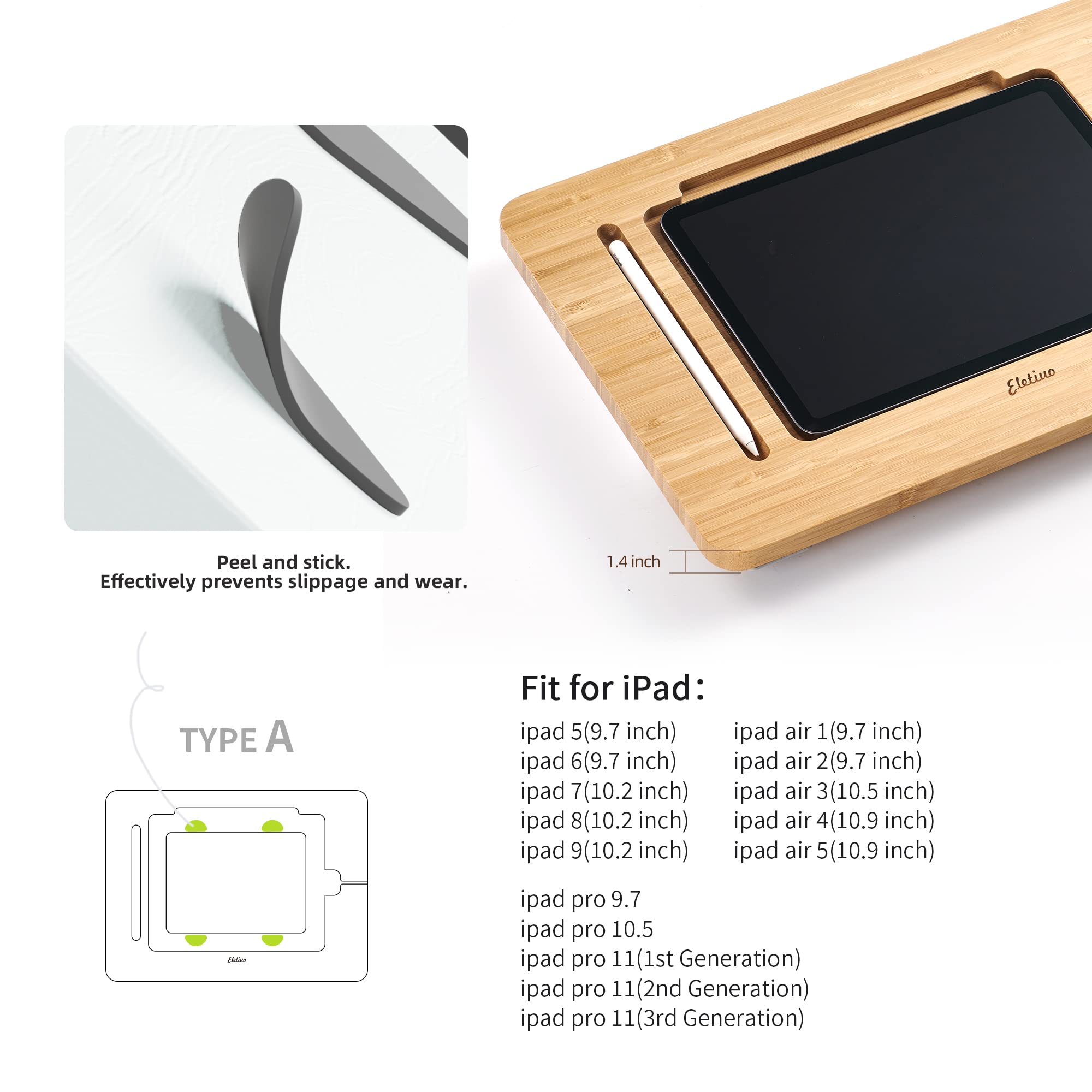 Aoiktye ELETIUO Adjustable Tablet Stand with Pencil&Charger Cable Slot,Bamboo Wooden Stand with Multiple Angles,Organizer Desktop Holder for Drawing,Compatible with ipads(Support to 9.7-11" Devices) - Image 4