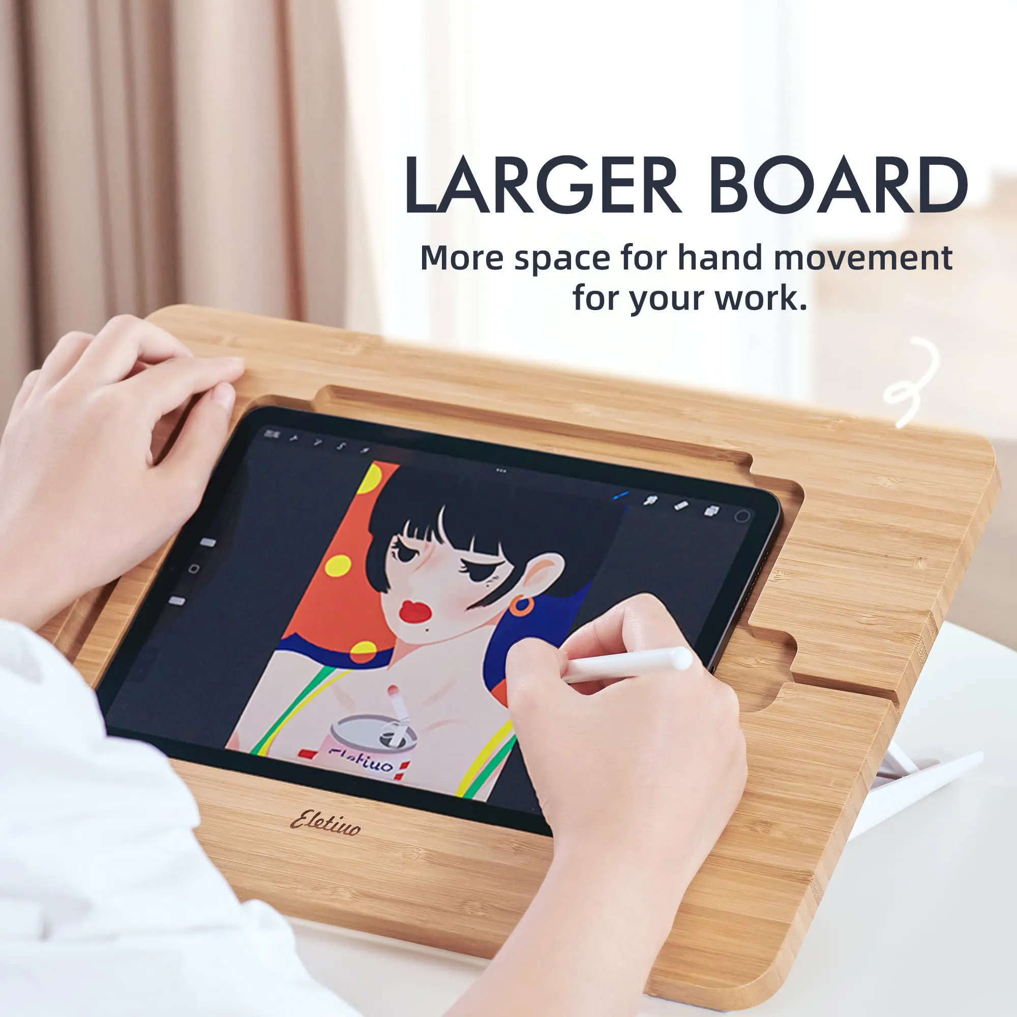 Aoiktye ELETIUO Adjustable Tablet Stand with Pencil&Charger Cable Slot,Bamboo Wooden Stand with Multiple Angles,Organizer Desktop Holder for Drawing,Compatible with ipads(Support to 9.7-11" Devices) - Image 5