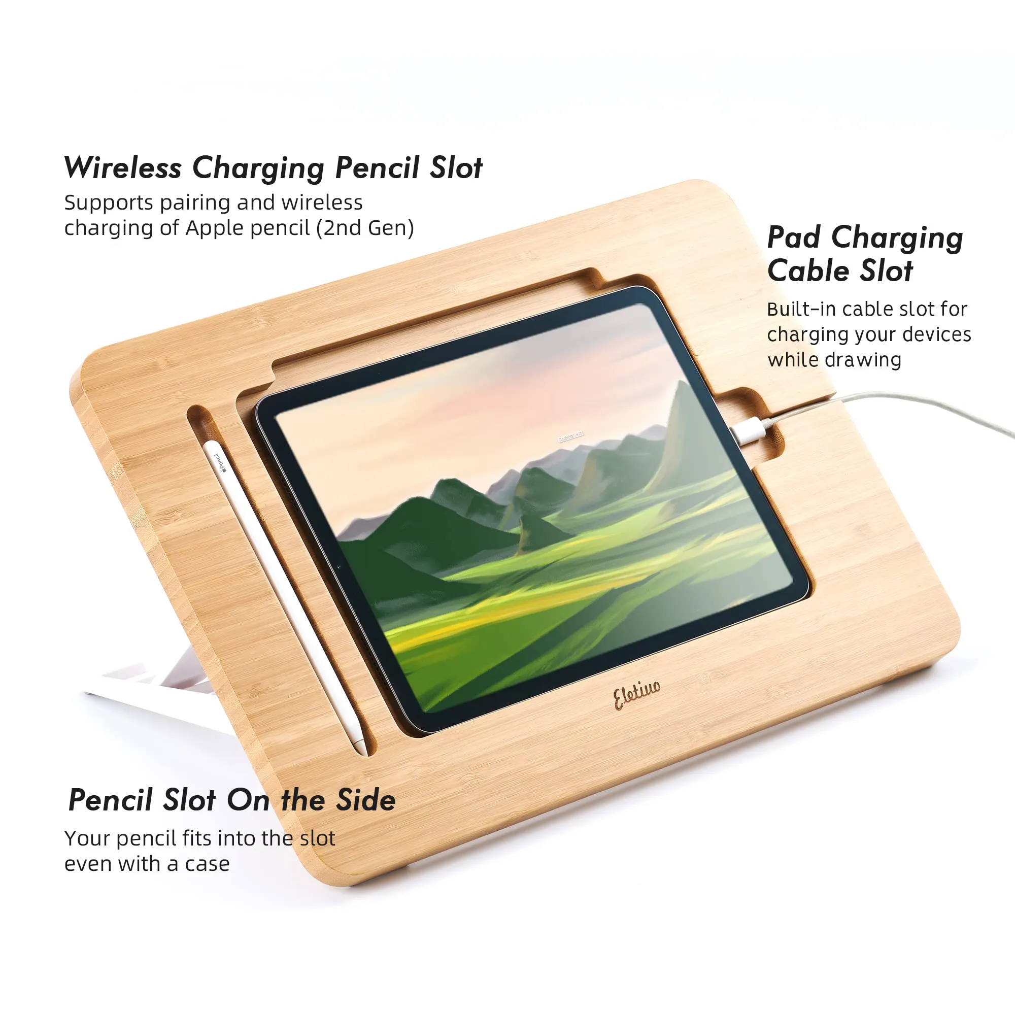 Aoiktye ELETIUO Adjustable Tablet Stand with Pencil&Charger Cable Slot,Bamboo Wooden Stand with Multiple Angles,Organizer Desktop Holder for Drawing,Compatible with ipads(Support to 9.7-11" Devices) - Image 8