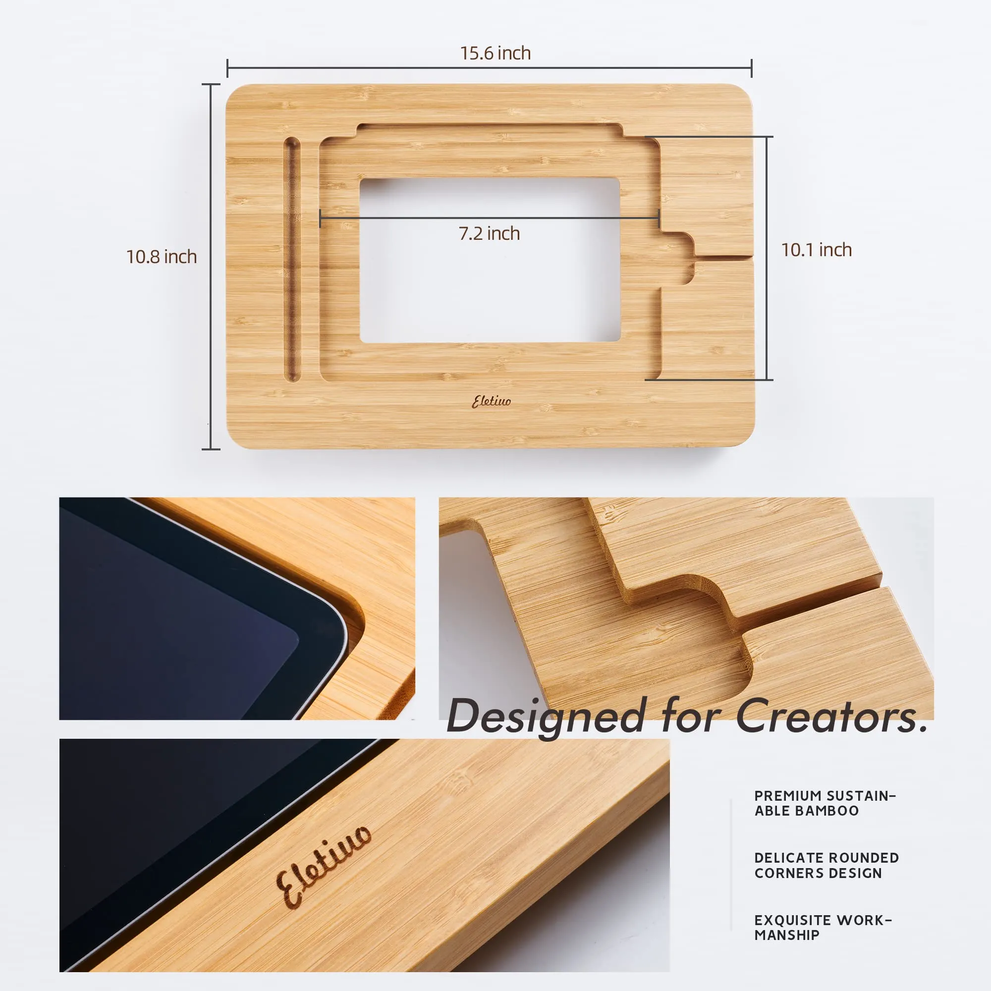 Aoiktye ELETIUO Adjustable Tablet Stand with Pencil&Charger Cable Slot,Bamboo Wooden Stand with Multiple Angles,Organizer Desktop Holder for Drawing,Compatible with ipads(Support to 9.7-11" Devices) - Image 3