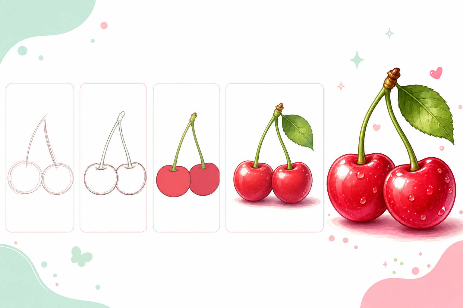 Step-by-step cherries drawing tutorial in Procreate